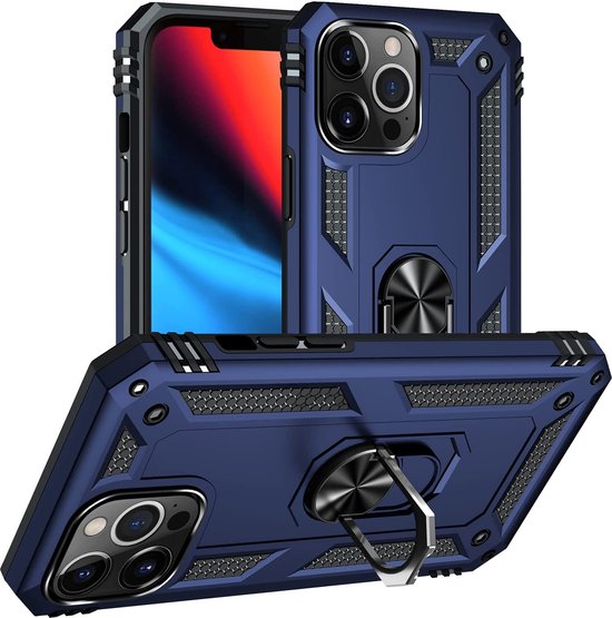 iPhone 13 Pro Max Hoesjes – Ring Armor Backcover – 360° Draaibare Kickstand Ring – Magneet – Blauw-Ilumina Benelux