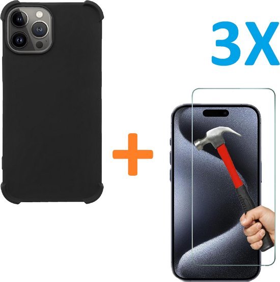 iPhone 15 Pro Hoesjes – Schokbestendige Siliconen Backcover – 3 Pack Gehard Glas Screenprotector – Zwart-Ilumina Benelux