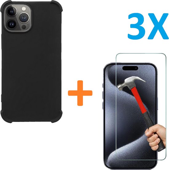iPhone 15 Pro Max Hoesjes – Siliconen Backcover – Schokbestendig – 3 Pack Screenprotector Gehard Glas – Zwart-Ilumina Benelux