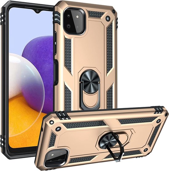 Samsung Galaxy A22 5G Hoesjes – Anti-Shock Hybride Backcover – Ringhouder – Armor Bescherming – Goud-Ilumina Benelux