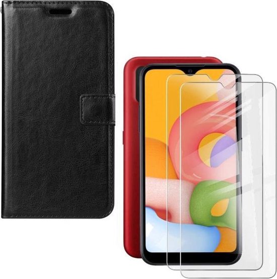 Samsung Galaxy A01 Hoesjes – Bookcase Portemonnee Hoes – Magneetsluiting – 2x Gehard Glas Screenprotector – Zwart-Ilumina Benelux