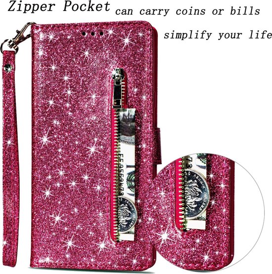 Samsung Galaxy S10 Hoesjes – Glitter Portemonnee Hoes – Rits & Koord – Pasjeshouder – Roze-Ilumina Benelux