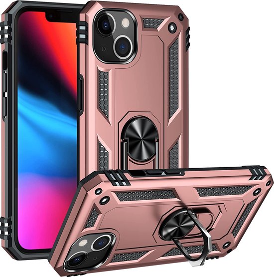 iPhone 13 Hoesjes – Anti-Shock Hybride Ring Armor Backcover – Schokbestendig – Roségoud-Ilumina Benelux