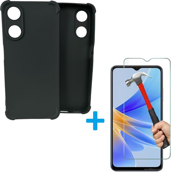 Oppo A17 Hoesjes – Siliconen Backcover – Schokbestendig – Zwart + 2x Screenprotector Gehard Glas – Anti-kras – Transparant-Ilumina Benelux