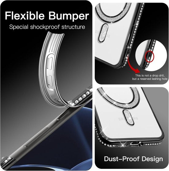 Samsung Galaxy A25 Hoesjes – MagSafe Magnetische TPU Backcover – Sparkle Glitter – Zacht & Schokbestendig – Zwart-Ilumina Benelux