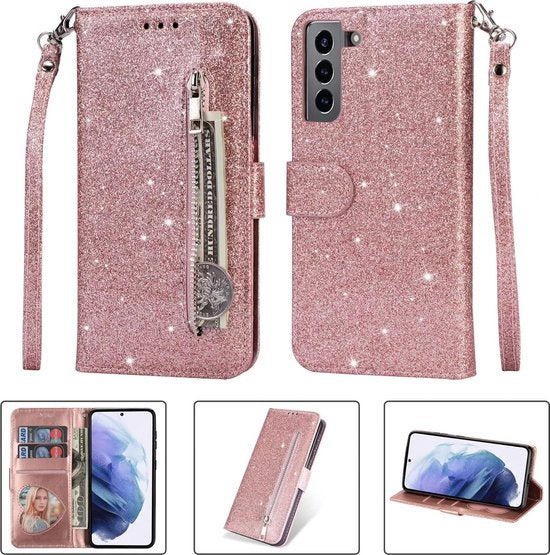 Samsung Galaxy S22 Hoesjes – Glitter Portemonnee Case – Rits – Koord – Pasjeshouder – Roségoud-Ilumina Benelux