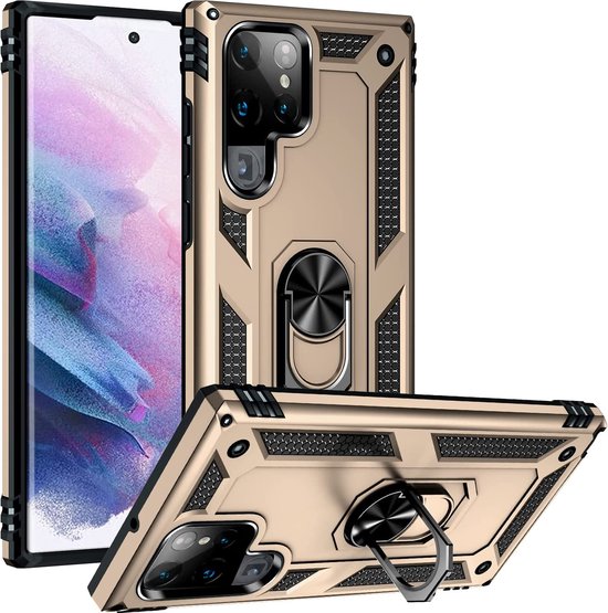 Samsung Galaxy S22 Ultra Hoesjes – Ring Armor Backcover – 360° Draaibare Standaard – Magneet – Goud-Ilumina Benelux