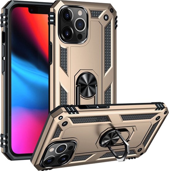 iPhone 13 Pro Hoesjes – Ring Armor Backcover – 360° Draaibare Kickstand – Magneet – Goud-Ilumina Benelux