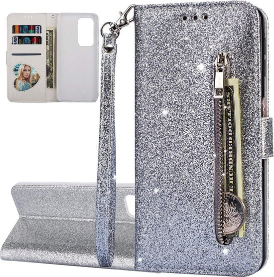 Oppo A57 4G/A57s Hoesjes – Glitter Portemonnee Hoes – Rits & Koord – Zilver-Ilumina Benelux