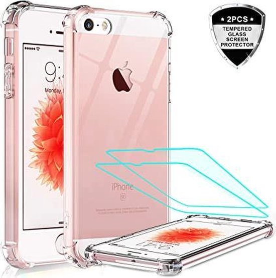iPhone 5/5s/SE Hoesjes – Transparante Siliconen Backcover – Schokbestendig – 2x Gehard Glas Screenprotector-Ilumina Benelux