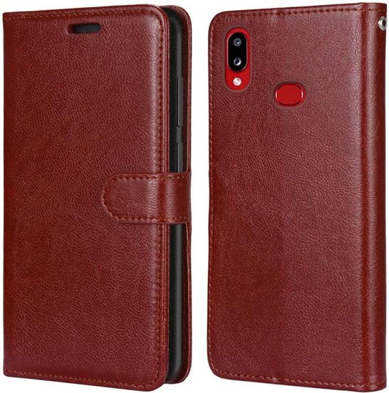 Samsung Galaxy A10s Hoesjes – Bookcase Portemonneehoes – Pasjeshouder – 3x Gehard Glas Screenprotector – Bruin-Ilumina Benelux