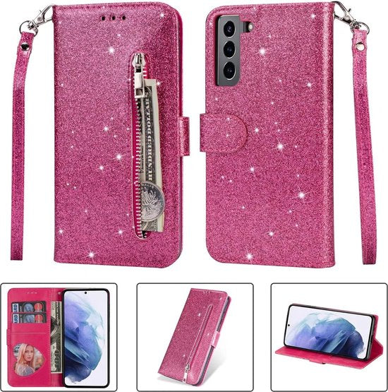 Samsung Galaxy S22 Hoesjes – Glitter Portemonnee Case – Rits & Koord – Pasjeshouder – Roze