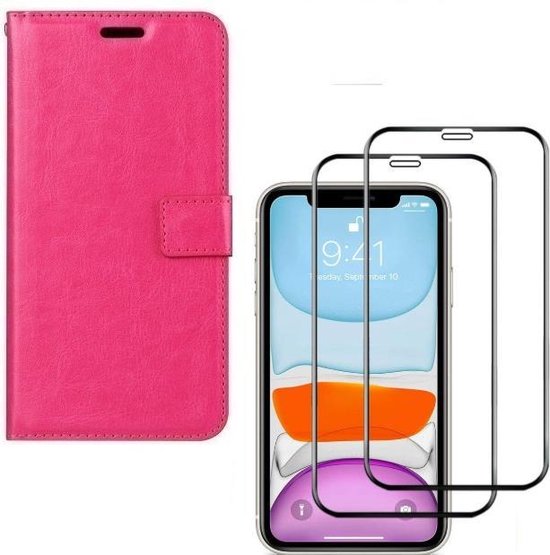 iPhone 11 Pro Max Hoesjes – Bookcase Portemonnee Hoes – Magneetsluiting – 2x Full Screenprotector – Roze-Ilumina Benelux