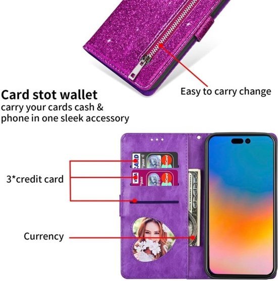 iPhone 14 Pro Max Hoesjes – Glitter Portemonnee Hoes – Rits & Koord – Paars-Ilumina Benelux