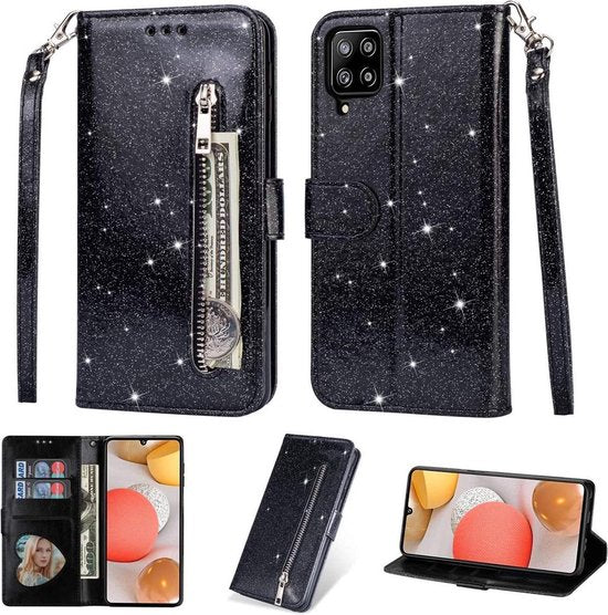 Samsung Galaxy A42 Hoesjes – Glitter Portemonneehoes – Rits & Koord – Pasjeshouder – Zwart-Ilumina Benelux