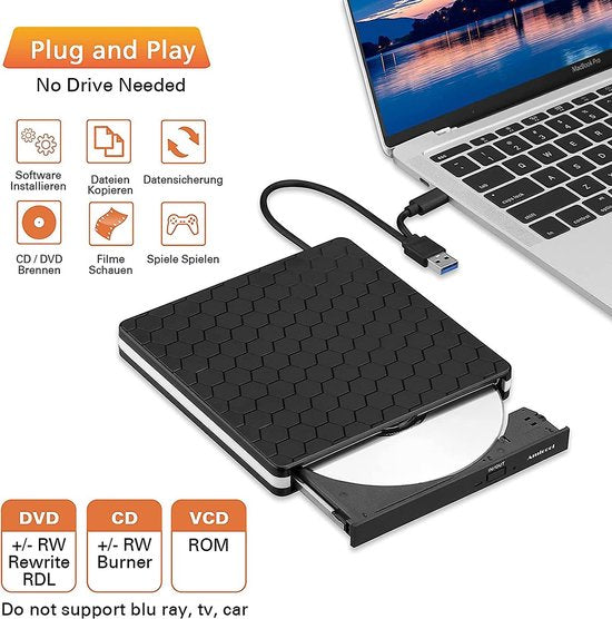 Externe DVD Speler & Brander – USB 3.0 & USB-C – CD/DVD Drive voor Laptop & MacBook – Plug & Play – Draagbaar-Optische drive-Ilumina Benelux