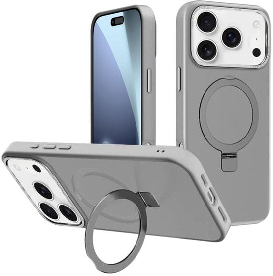 iPhone 17 Pro Max Hoesjes – MagSafe Backcover met Standaard – Schokbestendig – 2x Screenprotector – Grijs-Ilumina Benelux