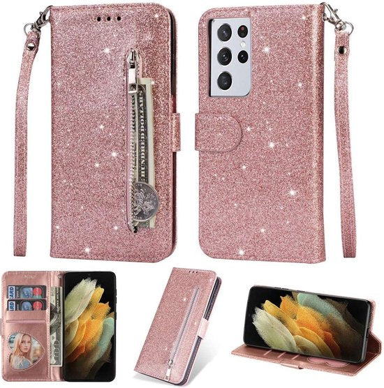 Glitter Wallet Case Geschikt voor: Samsung Galaxy A52 (4G & 5G) / A52s Hoesje met Rits, Koord en Pasjeshouder - Roségoud