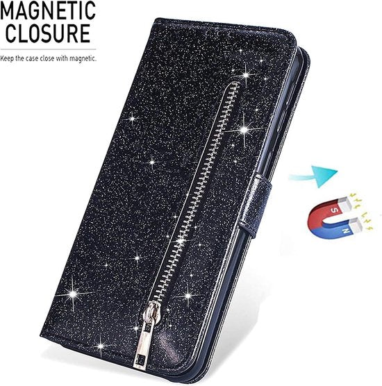 Samsung Galaxy A02s Hoesjes – Glitter Portemonnee Hoes – Rits & Koord – Pasjeshouder – Zwart-Ilumina Benelux