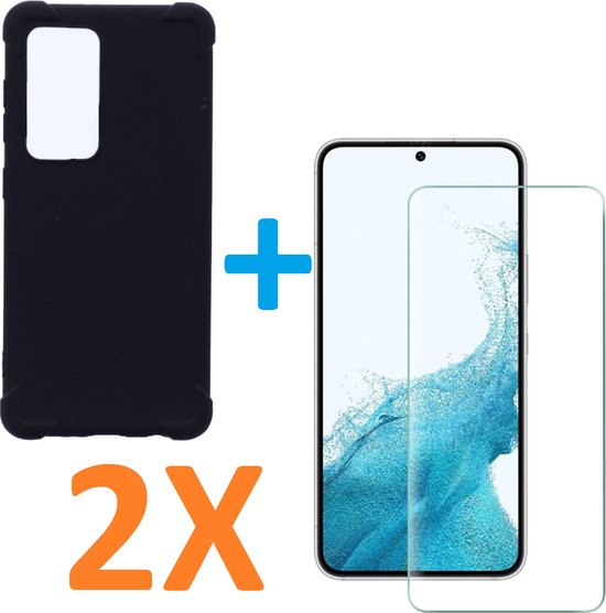 Samsung Galaxy S22 Hoesjes – Anti-Shock Siliconen Backcover – 2 Pack Screenprotector Gehard Glas – Zwart-Ilumina Benelux