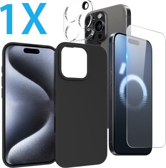 iPhone 15 Pro Max Hoesjes – Siliconen Backcover – Screenprotector Gehard Glas – Camera Lens Protector – Zwart-Ilumina Benelux