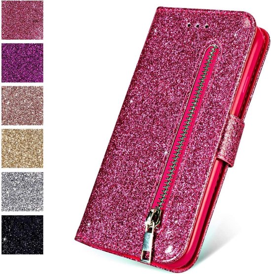 Glitter Wallet Case Geschikt voor: Samsung Galaxy A71 Hoesje met Rits, Koord en Pasjeshouder - Roze