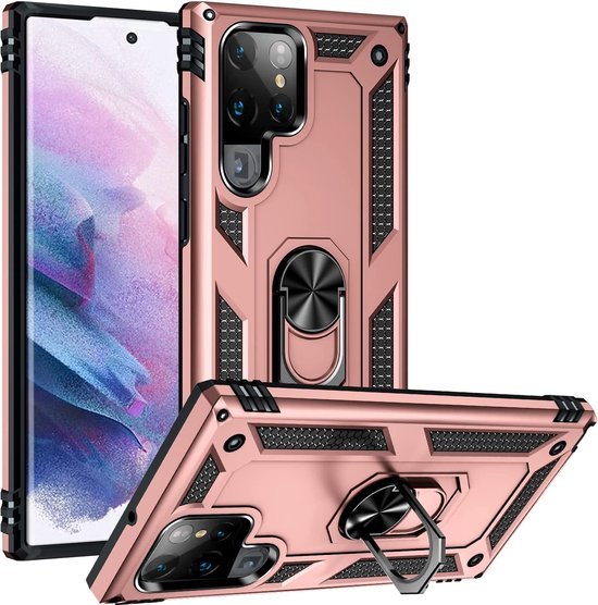 Samsung Galaxy S22 Ultra Hoesjes – Anti-Shock Hybride Ring Armor Backcover – Schokbestendig – Roségoud-Ilumina Benelux