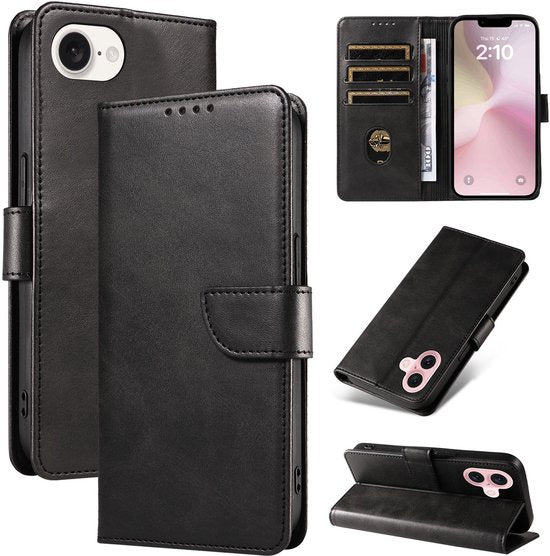 iPhone 16E Hoesjes – Luxe PU Kalfsleer Wallet – Portemonnee Hoes – Pasjeshouder – Zwart-Ilumina Benelux