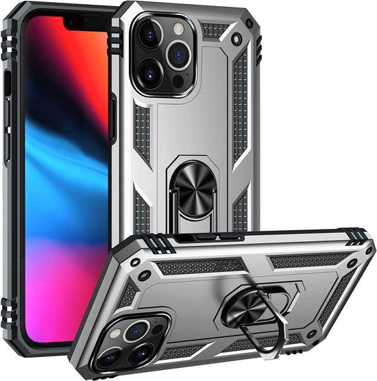 iPhone 13 Pro Max Hoesjes – Ring Armor Backcover – 360° Draaibare Standaard – Magneet – Zilver-Ilumina Benelux