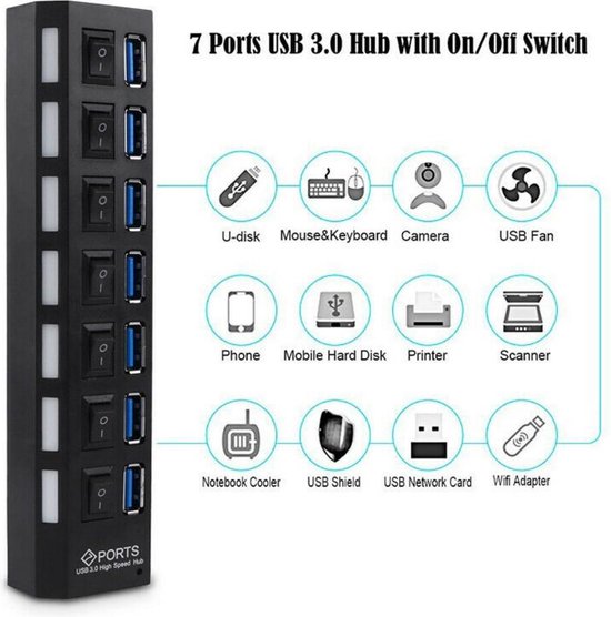 USB 3.0 Hub – 7 Poorts Splitter – 5Gbps – Aan/Uit Schakelaar – Blauw LED – Zwart-Ilumina Benelux