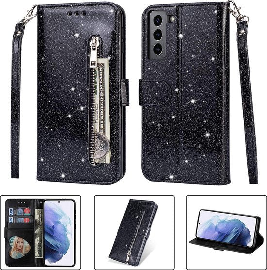 Samsung Galaxy S21 Plus Hoesjes – Glitter Portemonnee Case – Rits – Koord – Pasjeshouder – Zwart-Ilumina Benelux