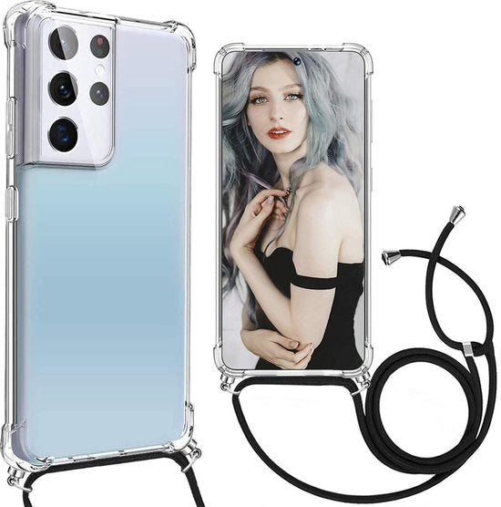 Samsung Galaxy S21 Ultra Hoesjes – Backcover met Koord – Schokbestendig – Schouder/Nek Draagriem – Zwart-Ilumina Benelux