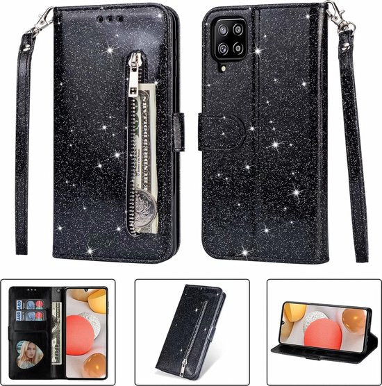 Samsung Galaxy A22 4G Hoesjes – Glitter Portemonnee Hoes – Rits & Koord – Pasjeshouder – Zwart-Ilumina Benelux