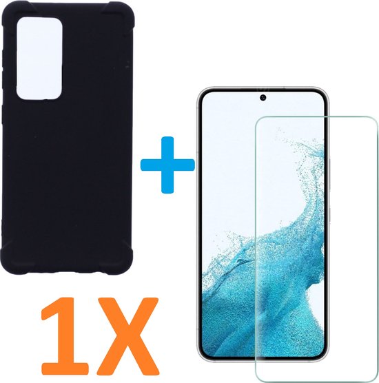 Anti-Shock silicone hoesje zwart met 1 Pack Screenprotector Glas Geschikt voor: Samsung Galaxy S22
