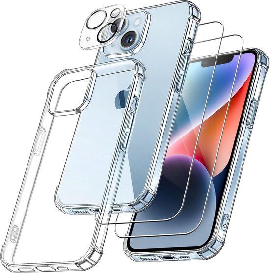 iPhone 14 Hoesjes – Transparante Backcover – Schokbestendig Militair – Incl. Cameralens Protector + 2x Screenprotector-Ilumina Benelux