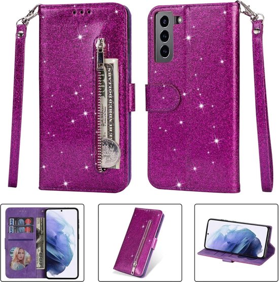 Samsung Galaxy S22 Hoesjes – Glitter Portemonneehoes met Rits – Koord – Paars