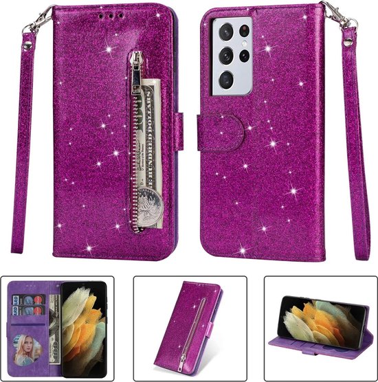Samsung Galaxy S21 Ultra Hoesjes – Glitter Portemonnee Hoes – Rits & Koord – Paars-Ilumina Benelux