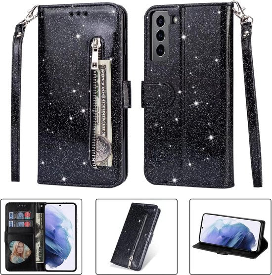 Sparkly Glitter Wallet Hoesje met Rits & Koord Geschikt voor: Samsung Galaxy S21 Plus - Zwart