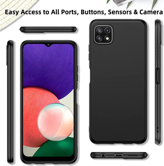 Samsung Galaxy A22 5G Hoesjes – Siliconen Backcover – Soft Touch – Zwart + 3x Screenprotector Gehard Glas – Anti-kras – Transparant-Ilumina Benelux
