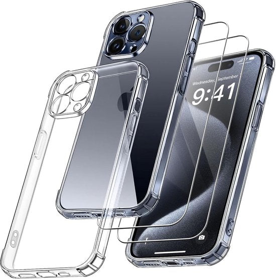 iPhone 15 Pro Max Hoesjes – Siliconen Backcover TPU – Schokbestendig – 2-Pack Screenprotector – Camera Bescherming – Transparant-Ilumina Benelux