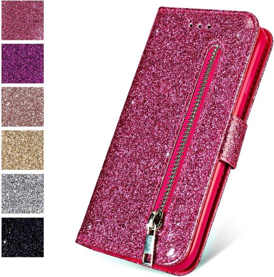 Glitter Wallet Case Geschikt voor: Samsung Galaxy A14 (4G & 5G) Hoesje met Rits, Koord en Pasjeshouder - Roze