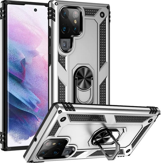 Samsung Galaxy S22 Ultra Hoesjes – Anti-Shock Hybride Ring Armor Backcover – Schokbestendig – Zilver-Ilumina Benelux