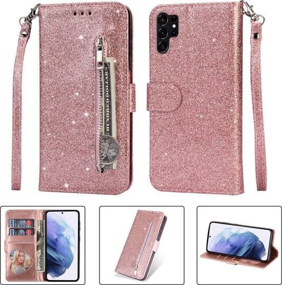 Samsung Galaxy S23 Ultra Hoesjes – Glitter Portemonnee Hoes – Rits & Koord – Pasjeshouder – Roségoud-Ilumina Benelux