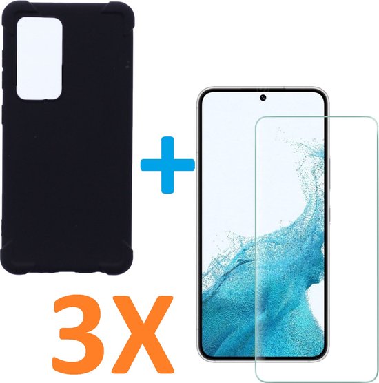 Samsung Galaxy S22 Plus Hoesjes – Siliconen Backcover – Schokbestendig – 3x Screenprotector Gehard Glas – Zwart-Ilumina Benelux