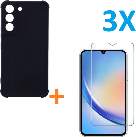 Samsung Galaxy A14 Hoesjes – Anti-Shock Siliconen Backcover – 3 Pack Screenprotector Gehard Glas – Zwart-Ilumina Benelux