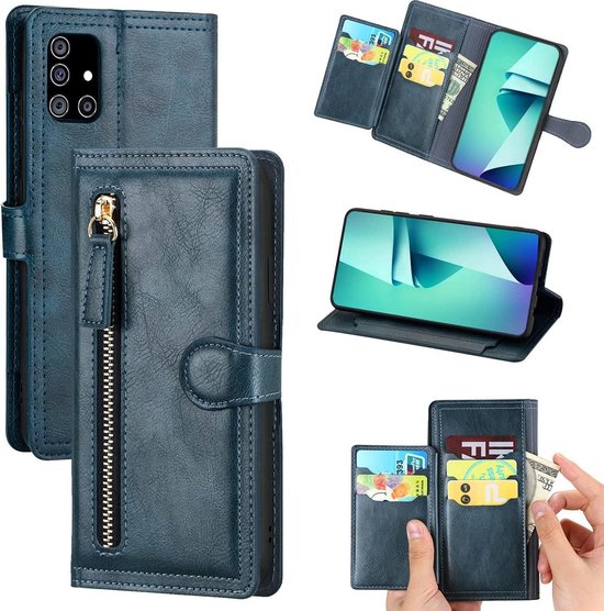 Bookcase Hoesje Geschikt voor: Samsung Galaxy A72 met ritssluiting - 5 kaarten houder - Blauw
