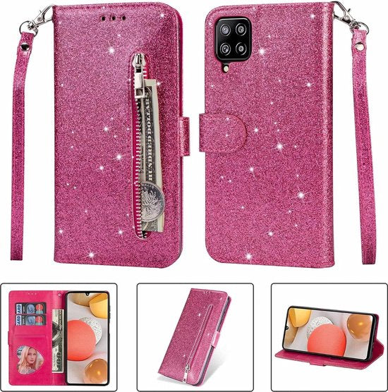 Sparkly Glitter Wallet Hoesje met Rits & Koord Geschikt voor: Samsung Galaxy A12 & Galaxy M12 - Roze