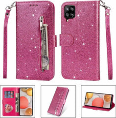 Samsung Galaxy A12/M12 Hoesjes – Glitter Portemonnee Hoes – Rits & Koord – Roze