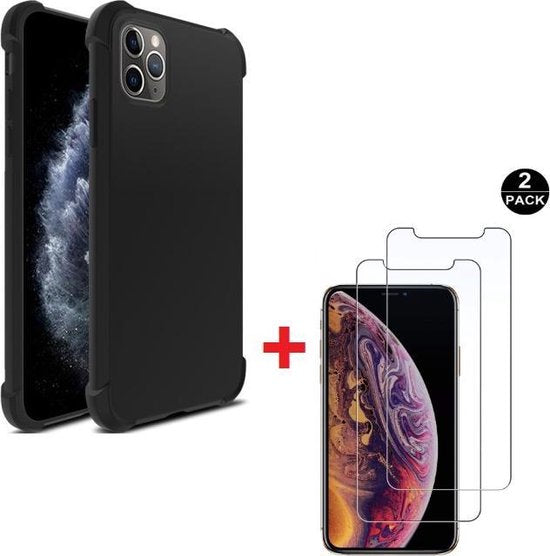 iPhone 11 Pro Max Hoesjes – Siliconen Backcover – Schokbestendig – Inclusief 2x Gehard Glas Screenprotector – Zwart-Ilumina Benelux