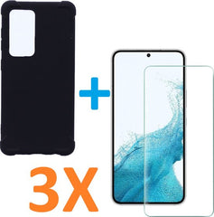 Samsung Galaxy S22 Hoesjes – Siliconen Backcover – Schokbestendig – 3 Pack Screenprotector Gehard Glas – Zwart
